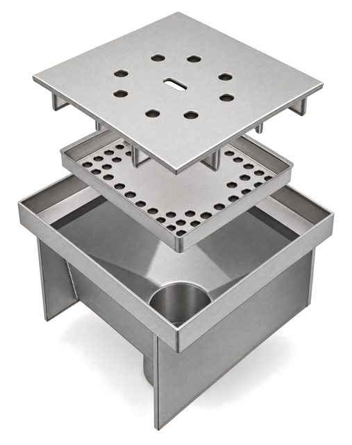 Coladera 25 × 25 cm, salida inferior de acero inoxidable, código NAL-COL-2525I