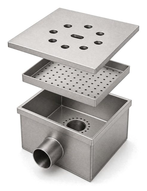 Coladera 25 × 25 cm, salida lateral de acero inoxidable, código NAL-COL-2525L