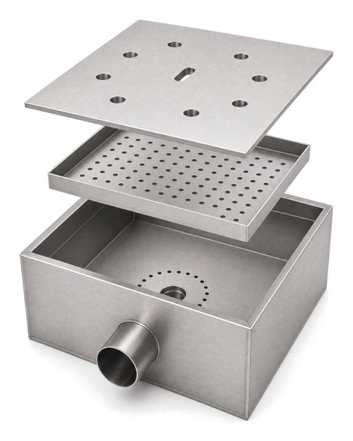 Coladera 30 × 30 cm, salida lateral de acero inoxidable, código NAL-COL-3030L