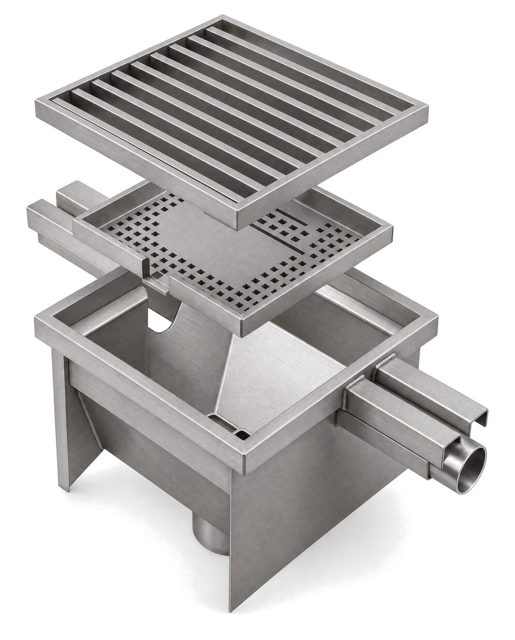 Coladera 30 × 30 cm con tapa Irving de acero inoxidable, código NAL-COL-3033